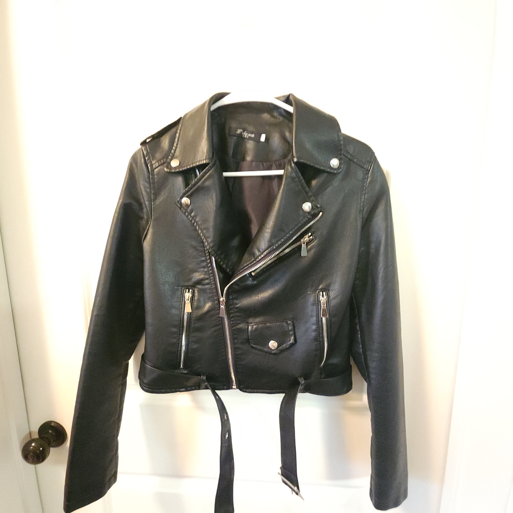 Black Leather Motorcycle Jacket with Asymmetrical Zippers and Lapels